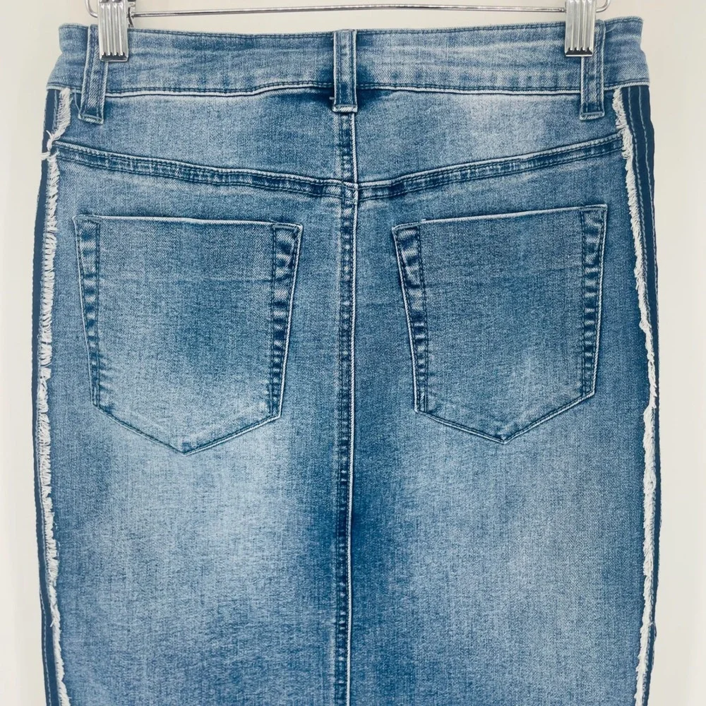 LITZ Denim Two Tone Distressed Midi Skirt Blue Frayed Side Stripe size S‎ Y2K